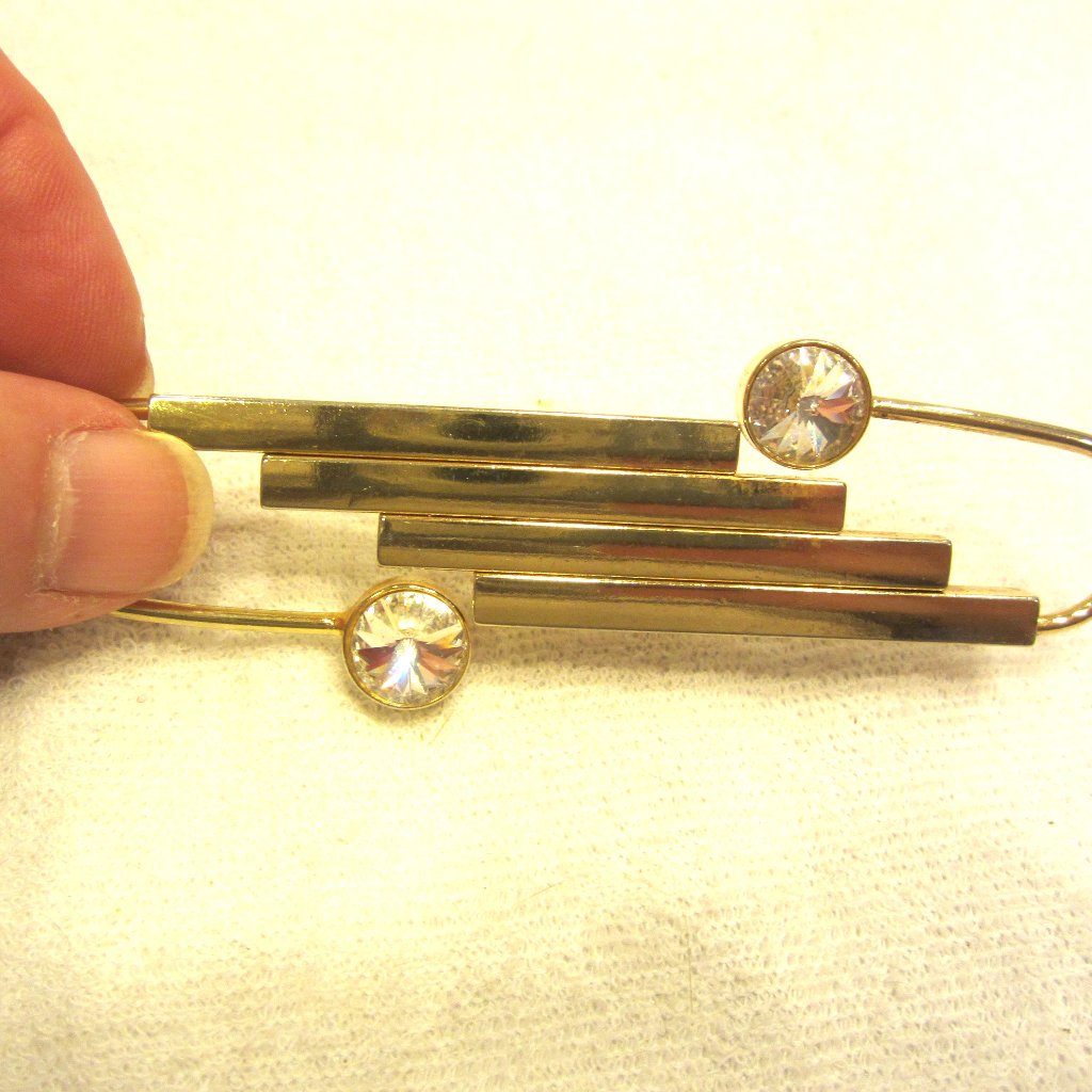 Vtg 80's Modern Style Goldtone Pin W/4 Bars & 2 Lg Round Rhinestones